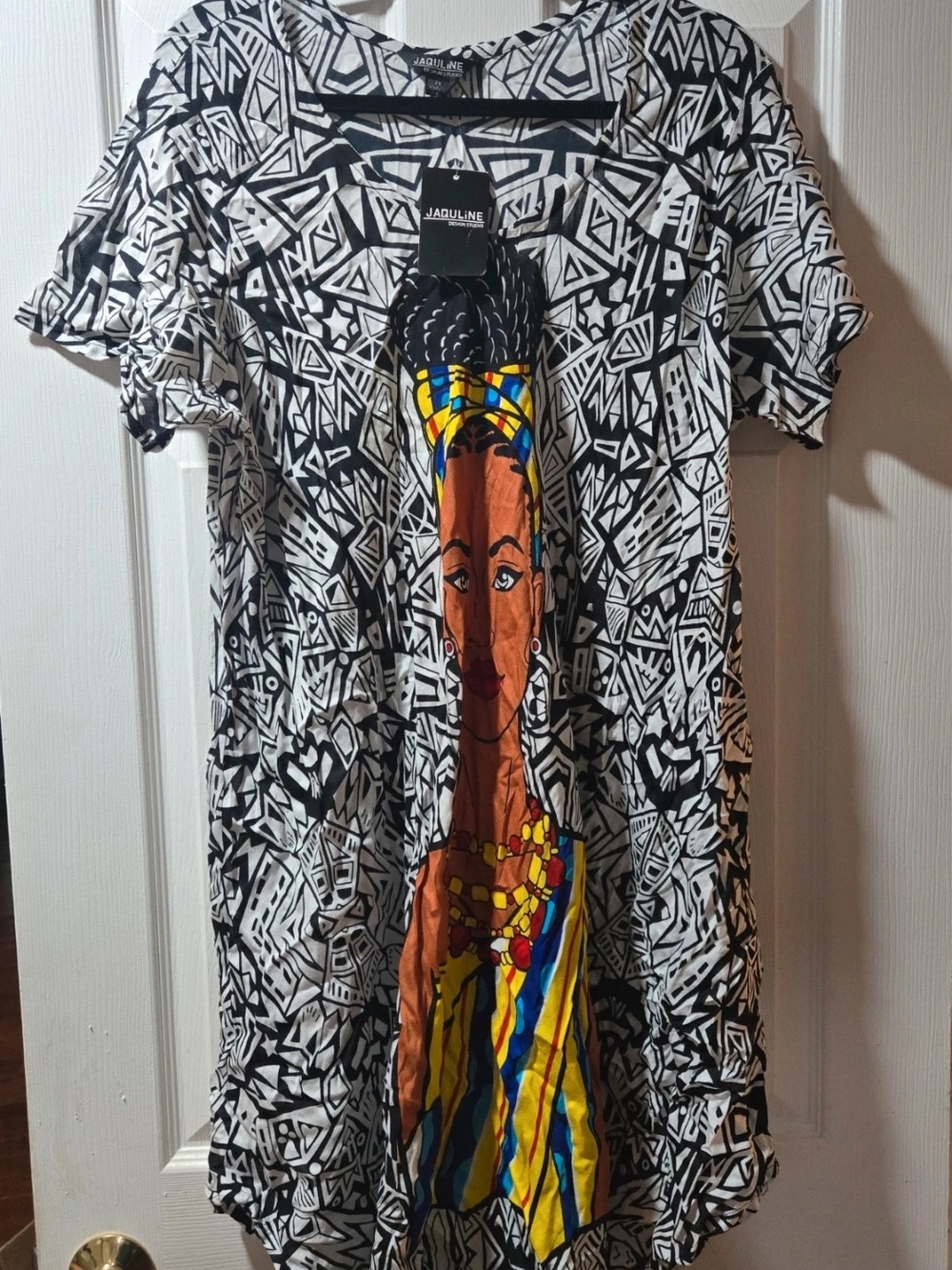 Jaqueline Black & White Mini Dress with Colorful Portrait Panel